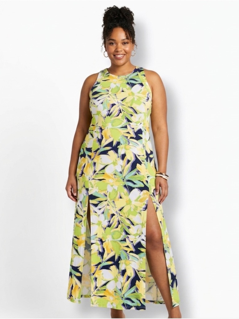 London Times Floral Maxi Dress in Lime Green, Navy & Yellow
